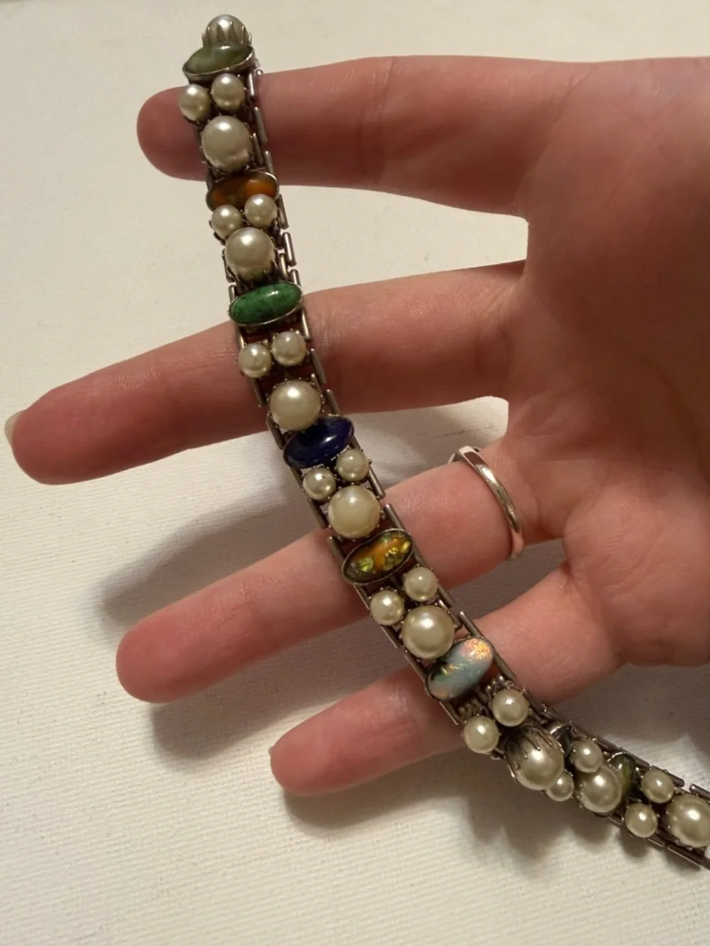 Elegant Antique Rare Multi-Color Faux Pearl and Cabochon Stretch Bracelet